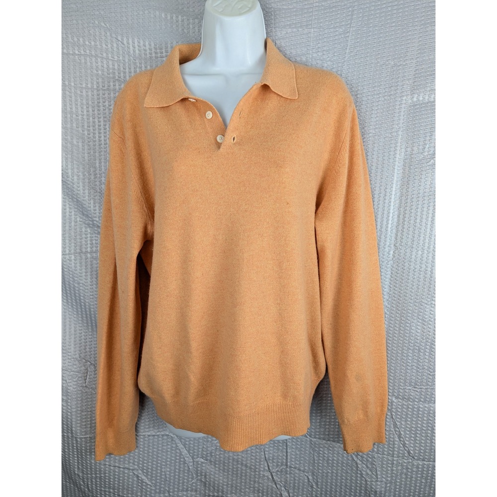 Grant Thomas Mens Two Ply Cashmere Polo Sweater Orange Peach Long Sleeve L